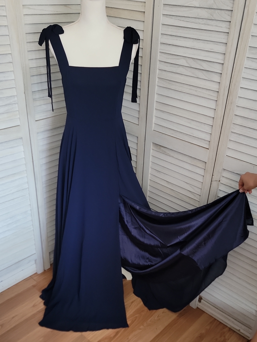 Navy Tie-Shoulder Maxi Dress - Elegant Evening Gown